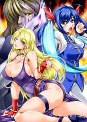 Rule 34 | 1boy, 2girls, :o, ahoge, aqua eyes, arm support, ass, bare shoulders, belt, belt skirt, blonde hair, blue eyes, blue hair, blush, body blush, bracelet, breasts, bursting breasts, choker, cleavage, clenched hand, come hither, covered erect nipples, curvy, dress, eyes visible through hair, fatal fury, fighting stance, fingerless gloves, fingernails, fire, fire, foreshortening, futaba hotaru, garou: mark of the wolves, gloves, grin, hair between eyes, hair over one eye, hair ribbon, head tilt, high heels, huge breasts, jenet behrn, jewelry, kain r heinlein, kanten, large breasts, light brown hair, long fingernails, long hair, looking at viewer, motion blur, multiple girls, nail polish, no panties, one eye closed, open mouth, outline, outstretched arm, pants, parted bangs, purple dress, purple fire, reclining, red eyes, red gloves, ribbon, shoes, short sleeves, shouting, side slit, sideboob, sidelocks, skindentation, smile, snk, standing, strap gap, swept bangs, thigh strap, turtleneck, twintails, very long hair, wink, wristband