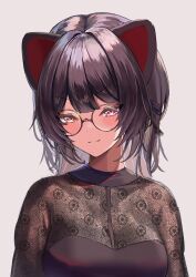 Rule 34 | 1girl, :3, absurdres, ami no fuda, animal ears, black dress, blush, breasts, brown hair, cleavage, dog ears, dress, glasses, heterochromia, highres, inui toko, inui toko (5th costume), lace, lace sleeves, long sleeves, looking at viewer, maid headdress, nijisanji, official alternate costume, official alternate hair length, official alternate hairstyle, red eyes, round eyewear, see-through, see-through cleavage, smile, smirk, smug, solo, v-shaped eyebrows, virtual youtuber, yellow eyes