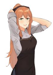 Rule 34 | 1girl, absurdres, apron, blouse, blush, breasts, brown apron, girls&#039; frontline, grey shirt, hair ribbon, hairband, hand in own hair, highres, la13, long hair, looking at viewer, medium breasts, open mouth, orange hair, pants, ribbon, shirt, simple background, solo, springfield (girls&#039; frontline), white background, white shirt