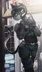 Rule 34 | abs, absurdres, android, animal ears, armor, blurry, blurry background, bodystocking, cat ears, cat tail, claws, cropped jacket, fox mask, furry, grey eyes, helmet, highres, kuzushima (kzsm uj), mask, original, pants, pauldrons, pouch, ringed eyes, solo, tail, thigh strap
