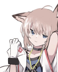 Rule 34 | 1girl, ahoge, animal ear fluff, animal ears, arknights, blouse, blue eyes, blue shirt, brown hair, closed mouth, collarbone, commentary request, fox ears, gloves, hair between eyes, hand up, highres, jacket, looking at viewer, material growth, oripathy lesion (arknights), shirt, simple background, smile, solo, sussurro (arknights), tetuw, uneven eyes, upper body, white background, white gloves, white jacket