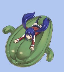 Rule 34 | 1girl, black skirt, black thighhighs, blouse, blue background, blue hair, brown eyes, cactus, fairy tail, flip-flops, full body, hair ornament, highres, long hair, long sleeves, lying, mashima hiro, on stomach, outstretched arms, oversized plant, parted lips, pleated skirt, red shirt, sandals, shirt, simple background, skirt, smile, solo, thighhighs, twintails, very long hair, wendy marvell