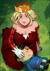 Rule 34 | 1boy, 1girl, bare shoulders, blonde hair, blue eyes, bojji, breasts, child, cleavage, crown, dress, gloves, grass, healing, highres, kneeling, lap pillow, large breasts, magic, medium hair, messy hair, mother and son, off-shoulder dress, off shoulder, ousama ranking, pointy nose, hilling (ousama ranking), red dress, sleeping, smile, sweat, white gloves, yellowroom