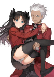 Rule 34 | 1boy, 1girl, archer (fate), black hair, blue eyes, blush, cameltoe, carrying, dark skin, dark-skinned male, fate/stay night, fate (series), haijin, one eye closed, panties, popoccpo, princess carry, smile, thighhighs, tohsaka rin, twintails, two side up, underwear, upskirt, white hair