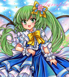 Rule 34 | 1girl, :d, blue background, blue dress, blue sky, bow, bowtie, cowboy shot, daiyousei, day, dress, embellished costume, fairy wings, fang, floating hair, flower, frilled cuffs, frilled dress, frills, green eyes, green hair, hair bow, hair flower, hair ornament, long hair, looking at viewer, marker (medium), one side up, open mouth, outdoors, petals, pink flower, puffy short sleeves, puffy sleeves, rui (sugar3), sample watermark, short sleeves, skirt hold, sky, smile, solo, standing, touhou, traditional media, very long hair, watermark, white dress, wings, wrist cuffs, yellow bow, yellow bowtie