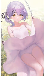 Rule 34 | 1girl, :o, absurdres, bare shoulders, brown eyes, chain, collarbone, day, dress, feet out of frame, ghost hair ornament, hair ornament, hairclip, highres, looking at viewer, nametarou (meron), outdoors, panties, pantyshot, parted lips, purple hair, shinomiya runa, short hair, short ponytail, side ponytail, sitting, sleeveless, sleeveless dress, solo, spaghetti strap, strap slip, sundress, swing, underwear, upskirt, virtual youtuber, vspo!, white panties
