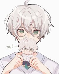 Rule 34 | 1boy, ahoge, character doll, covering own mouth, ensemble stars!, glasses, green eyes, green undershirt, grey background, highres, looking at viewer, male focus, natsu kanna, round eyewear, shirt, short hair, short sleeves, solo, sp47st, stuffed toy, white hair, white shirt