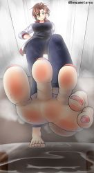 Rule 34 | 1girl, against glass, artist request, barefoot, blush, dongame, feet, foot focus, footprints, from below, glass, highres, idolmaster, idolmaster cinderella girls, kiba manami, looking at viewer, pov, soles, steam, sweat, toes