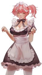 Rule 34 | 1girl, absurdres, alternate costume, apron, aragiken, bird girl, black dress, breasts, choker, cleavage, closed eyes, dress, enmaided, frilled apron, frilled dress, frills, hair wings, highres, hololive, lace-trimmed choker, lace trim, large breasts, light blush, maid, maid apron, maid headdress, medium breasts, neck ribbon, open mouth, pink hair, ribbon, side ponytail, solo, takane lui, virtual youtuber, white background
