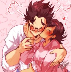 Rule 34 | 1boy, 1girl, black hair, blush, closed eyes, couple, dragon ball, embarrassed, glasses, happy, heart, hetero, highres, hugging each other, husband and wife, kiss, kissing cheek, red hair bow, smile, son gohan, tagme, videl