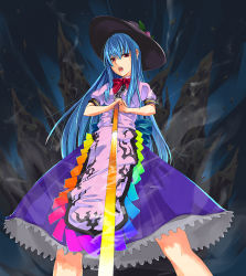 Rule 34 | 1girl, blue hair, female focus, food, fruit, hands on hilt, hat, hinanawi tenshi, long hair, open mouth, peach, red eyes, ribbon, solo, sword, sword of hisou, touhou, unasaka ryou, weapon