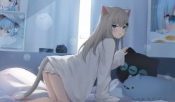 Rule 34 | all fours, amashiro natsuki, animal ears, artist self-reference, ass, barefoot, bloomers, blue eyes, blue hair, blush, cat ears, cat girl, cat tail, clock, commentary, digital clock, eyebrows hidden by hair, gawr gura, grey hair, hair ornament, highres, hololive, hololive english, long hair, long sleeves, looking at viewer, looking to the side, nachoneko, nekoha shizuku, original, parted lips, romaji commentary, shirt, sleeves past fingers, sleeves past wrists, stuffed toy, tail, underwear, virtual youtuber, white bloomers, white shirt, wide sleeves