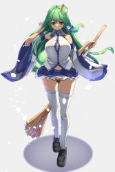 Rule 34 | 1girl, arm up, bare shoulders, black footwear, blue skirt, blush, breasts, broom, button gap, cleavage, closed mouth, collared shirt, detached sleeves, eyelashes, female pubic hair, frilled skirt, frills, frog hair ornament, full body, green eyes, green hair, hair ornament, heart, heart-shaped pupils, highres, holding, holding broom, kochiya sanae, lips, loafers, long hair, long sleeves, looking at viewer, microskirt, navel, no panties, nontraditional miko, print sleeves, pubic hair, shirt, shoes, sidelocks, simple background, skirt, sleeveless, sleeveless shirt, smile, snake hair ornament, socks, solo, standing, stomach, symbol-shaped pupils, textless version, thighhighs, thighs, touhou, white background, white shirt, white socks, wide sleeves, wing collar, yukito (dreamrider)