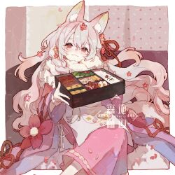 Rule 34 | 1girl, :3, animal ear fluff, animal ears, apron, artist name, bacheally, bento, blush, border, braid, cherry blossoms, chinese text, chopsticks, closed mouth, feet out of frame, fish (food), flower, food, fox ears, fox girl, fox tail, frills, gloves, gradient hair, hair between eyes, hair flower, hair ornament, hands up, highres, holding, holding lunchbox, japanese clothes, kimono, letterboxed, long hair, long sleeves, looking at viewer, lunchbox, multicolored hair, original, petals, pink eyes, pink hair, pink kimono, red eyes, red flower, scarf, shrimp, sitting, smile, solo, sushi, tail, very long hair, watermark, white apron, white border, white gloves, white hair, white scarf, wide sleeves