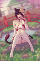Rule 34 | 1girl, animal ears, warrior of light (ff14), bare shoulders, black hair, breasts, building, cat ears, cat tail, cherry blossoms, cleavage, detached collar, detached sleeves, earrings, final fantasy, final fantasy xiv, gradient hair, green eyes, headgear, jewelry, looking at viewer, medium breasts, miqo&#039;te, multicolored hair, outdoors, pale skin, panties, pantyshot, parted lips, pond, short hair, sitting, skirt, slit pupils, solo, soranamae, tail, thighhighs, underwear