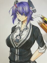 Rule 34 | 1girl, art tools in frame, black gloves, breasts, gloves, highres, kantai collection, looking at viewer, necktie, photo (medium), plaid necktie, puffy sleeves, purple hair, short hair, smile, solo, taira yuuki, tenryuu (kancolle), traditional media, upper body, yellow eyes