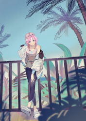 Rule 34 | 1girl, against railing, arknights, black pants, blue eyes, blue poison (arknights), blue poison (shoal beat) (arknights), blue sky, braid, choker, day, full body, hairband, hand in own hair, hand on own thigh, highres, jacket, against railing, long hair, looking at viewer, midriff, natsuba002, navel, o-ring, o-ring choker, off shoulder, official alternate costume, open clothes, open jacket, outdoors, palm tree, pants, pants under shorts, pink choker, pink hair, railing, shoes, shorts, side braids, sky, smile, solo, sports bra, standing, tree, water, white footwear, white hairband, white jacket, white shorts, white sports bra, yoga pants