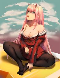 Rule 34 | 10s, 1girl, 2018, black pantyhose, blue sky, blurry, breasts, butterfly sitting, candy, cleavage, cloud, collarbone, darling in the franxx, day, depth of field, dress, feet, feet together, food, green eyes, hairband, hand in lap, hand on own foot, hands on feet, highres, horns, kosumi, lollipop, long hair, long sleeves, looking at viewer, md5 mismatch, medium breasts, no shoes, off shoulder, outdoors, pantyhose, pink hair, red dress, resolution mismatch, school uniform, signature, sitting, sky, solo, source smaller, tongue, tongue out, very long hair, zero two (darling in the franxx)