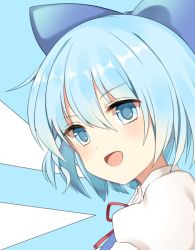 Rule 34 | 1girl, :d, blue eyes, blue hair, blush, bow, cirno, hair bow, highres, large bow, looking at viewer, looking back, open mouth, puffy short sleeves, puffy sleeves, short hair, short sleeves, smile, solo, touhou, yururi nano