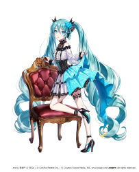 Rule 34 | 1girl, :o, absurdres, ankle strap, artist name, blue eyes, blue hair, chair, company name, copyright name, copyright notice, corset, cross-laced clothes, dress, frilled dress, frills, from side, full body, hair between eyes, hair ornament, hatsune miku, high heels, highres, leg tattoo, leg up, long hair, looking at viewer, looking back, morikura en, official art, open mouth, project sekai, simple background, solo, standing, standing on one leg, strappy heels, tattoo, twintails, very long hair, white background