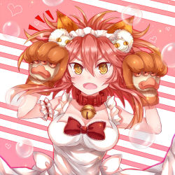 Rule 34 | 1girl, animal ears, apron, bell, breasts, cleavage, collar, collarbone, fate/grand order, fate (series), female focus, fox ears, fox tail, hair ribbon, large breasts, long hair, looking at viewer, neck bell, open mouth, pink hair, ribbon, soda (sodachuxd), solo, tail, tamamo (fate), tamamo cat (fate), tamamo cat (third ascension) (fate), tamamo no mae (fate/extra), type-moon, yellow eyes