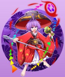 Rule 34 | 1girl, :d, ahoge, aospanking, barefoot, black headwear, bowl, bowl hat, full body, hammer, hat, holding, holding hammer, holding sword, holding weapon, japanese clothes, kimono, long sleeves, looking at viewer, miracle mallet, needle sword, open mouth, outside border, purple background, purple eyes, purple hair, rainbow gradient, red kimono, round image, sash, short hair, smile, standing, sukuna shinmyoumaru, sword, touhou, v-shaped eyebrows, weapon, wide sleeves