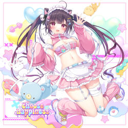 Rule 34 | 1girl, ahoge, animal ears, apron, bandaged leg, bandages, bare shoulders, belt, black hair, breasts, cat ears, cleavage, cleavage cutout, clothing cutout, crop top, detached sleeves, frilled shirt, frills, garter straps, hair ornament, hairclip, hand up, headdress, highres, long hair, long sleeves, looking at viewer, medium breasts, midriff, miniskirt, navel, open mouth, original, picpicgram, pink shirt, pink skirt, pink socks, pleated skirt, red eyes, shirt, shoes, single garter strap, skindentation, skirt, sleeveless, sleeveless shirt, sleeves past fingers, sleeves past wrists, smile, socks, solo, stomach, thigh strap, thighs, turtleneck, twintails, very long hair, waist apron, white footwear