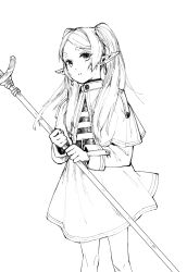 Rule 34 | 1girl, absurdres, capelet, dress, earrings, feet out of frame, frieren, greyscale, hachiman (rogeri39), highres, holding, holding staff, jewelry, long hair, long sleeves, monochrome, parted lips, pointy ears, simple background, solo, sousou no frieren, staff, standing, thick eyebrows, twintails, white background