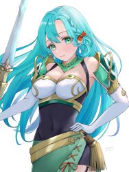 Rule 34 | 1girl, aqua hair, armor, bare shoulders, bow, braid, breastplate, breasts, chloe (fire emblem), commentary request, covered navel, cowboy shot, elbow gloves, fire emblem, fire emblem engage, gloves, green eyes, green skirt, hair bow, hand on own chest, highres, large breasts, long hair, looking at viewer, mugitoro (dsfv2277), nintendo, orange bow, shoulder armor, skirt, smile, solo, standing, very long hair, white gloves