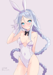Rule 34 | 1girl, absurdres, animal ears, artist name, blue eyes, bow, bowtie, braid, breasts, contrapposto, covered navel, detached collar, gloves, grey background, grey hair, hair flaps, highres, hizaka, kantai collection, leotard, long hair, medium breasts, mole, mole under eye, one-hour drawing challenge, parted bangs, playboy bunny, rabbit ears, simple background, single braid, solo, standing, strapless, strapless leotard, twitter username, umikaze (kancolle), very long hair, white gloves, white leotard