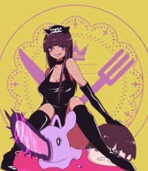 Rule 34 | 1girl, anai miu, boots, breasts, brown hair, chainsaw, choker, cleavage, elbow gloves, gloves, hat, large breasts, long hair, magical girl apocalypse, mahou shoujo of the end, pirate hat, purple eyes