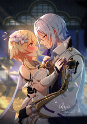 Rule 34 | 1boy, 1girl, 2022, ass grab, bare shoulders, blonde hair, blue eyes, blue hair, blush, coat, dated, dress, eye contact, flower, genshin impact, gloves, hair flower, hair ornament, half-closed eyes, hand on another&#039;s back, hand on another&#039;s chest, hetero, highres, kamisato ayato, long sleeves, looking at another, lumine (genshin impact), mole, mole under mouth, smile, sweatdrop, white coat, white dress, wide sleeves, yellow eyes, yiiyii