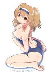 Rule 34 | ass, back, barefoot, breasts, brown eyes, competition swimsuit, dated, hairband, i-26 (kancolle), kantai collection, large breasts, light brown hair, lips, long hair, looking at viewer, looking back, moke ro, name tag, new school swimsuit, one-piece swimsuit, school swimsuit, shirt, simple background, sitting, smile, swimsuit, swimsuit under clothes, twitter username, two-tone hairband, two side up, wariza, white shirt