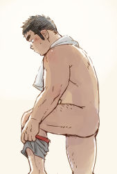 Rule 34 | 1boy, ass, bara, blush, dressing, feet out of frame, from side, grey male underwear, leg hair, long sideburns, looking down, male focus, male underwear, muscular, muscular male, nude, original, short hair, sideburns, solo, suv (suv032), sweatdrop, thick eyebrows, thighs, underwear, unfinished