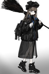 Rule 34 | 1girl, backpack, bag, black bow, black footwear, black jacket, blue eyes, bow, broom, brown hair, closed mouth, eyepatch, full body, gradient background, hair bow, holding, holding broom, jacket, long hair, looking at viewer, narue, one eye covered, original, shoes, solo, standing, white background