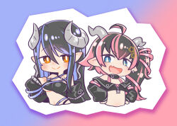 Rule 34 | 2girls, ahoge, belt, belt collar, black belt, black hair, black jacket, black sleeves, black tube top, blue eyes, blush, bra, breasts, bright pupils, brown eyes, chaki (teasets), chibi, cleavage, closed mouth, collar, commentary request, cropped jacket, curled horns, demon girl, demon horns, detached sleeves, earrings, fang, flat chest, grey horns, hair between eyes, hand on own chest, hebiyoi tier, hebiyoi tier (1st costume), highres, horns, jacket, jewelry, long hair, looking at viewer, medium breasts, multiple girls, nanashi inc., off shoulder, oinomori may, oinomori may (1st costume), one side up, open mouth, pink bra, pink hair, pointy ears, skin fang, smile, strapless, sugar lyric, tube top, underwear, upper body, virtual youtuber, white pupils, zipper