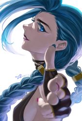 Rule 34 | 1girl, arcane: league of legends, arcane jinx, asymmetrical bangs, blue eyes, blue hair, braid, breasts, cheng (zi74438982), dated, female focus, finger gun, fingerless gloves, foreshortening, from side, gloves, highres, jinx (league of legends), league of legends, long hair, looking at viewer, medium breasts, nail polish, parted lips, pink nails, signature, simple background, smile, solo, teeth, twin braids, white background