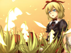 Rule 34 | 1girl, blonde hair, blue eyes, female focus, flower, highres, katagi ren, lily of the valley, medicine melancholy, petals, sitting, sky, solo, touhou, wallpaper, yellow sky