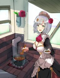 Rule 34 | 1girl, :d, absurdres, apron, ascot, bowl, breasts, brick wall, cleavage, cooking, cooking pot, flower, food, fox head (markcayce), genshin impact, green eyes, grey hair, hair flower, hair ornament, highres, holding, holding bowl, holding ladle, ladle, large breasts, looking at viewer, maid, maid apron, maid headdress, medium breasts, noelle (genshin impact), open mouth, red ascot, red flower, red rose, rose, short hair, smile, solo, stew, window