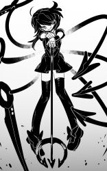 Rule 34 | 1girl, ahoge, asymmetrical wings, bow, commentary, dress, floating, footwear bow, full body, gradient background, greyscale, grin, hair between eyes, hair over one eye, head tilt, highres, holding, holding polearm, holding weapon, houjuu nue, ichirugi, long bangs, long hair, looking at viewer, mary janes, monochrome, polearm, shoes, short dress, short sleeves, smile, solo, thighhighs, touhou, trident, weapon, wings, wristband, zettai ryouiki