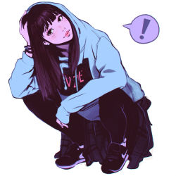 Rule 34 | !, 1girl, black hair, blunt bangs, clothes around waist, hand on own head, hime cut, hood, hoodie, ilya kuvshinov, long hair, looking at viewer, nike (company), original, realistic, shoes, simple background, smile, sneakers, solo, squatting, white background
