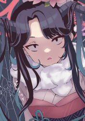 Rule 34 | 1girl, black hair, blue archive, blue hair, flower, fur collar, fuuka (blue archive), fuuka (new year) (blue archive), gradient hair, hair flower, hair ornament, halo, highres, japanese clothes, jitome, kimono, long hair, looking at viewer, multicolored hair, obi, official alternate costume, open mouth, sash, solo, upper body, white kimono, yucblossom