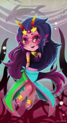 Rule 34 | 1girl, anklet, arms behind back, black hair, choker, collar, colored skin, feferi peixes, glasses, goggles, grey skin, homestuck, horns, jewelry, jin-nyeh, long hair, lots of jewelry, necklace, pink eyes, sandals, skirt, smile, tiara