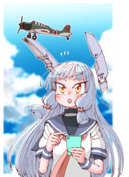 Rule 34 | aircraft, airplane, black shirt, blue sailor collar, cellphone, cloud, commentary request, dress, green nails, hair ribbon, headgear, highres, holding, holding phone, kantai collection, long hair, murakumo (kancolle), nail polish, necktie, open mouth, orange eyes, phone, red necktie, red ribbon, ribbon, sailor collar, sailor dress, shin (shin k009), shirt, short eyebrows, short sleeves, sidelocks, silver hair, sky, smartphone, tress ribbon, white dress