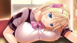 Rule 34 | 1girl, arms on table, blonde hair, blue eyes, blush, bow, bowtie, breast rest, breasts, breasts on table, button gap, game cg, hair bow, hair ornament, hairclip, huge breasts, indoors, long hair, namaiki jk library, non-web source, official art, on chair, open mouth, pink bow, pink bowtie, puffy short sleeves, puffy sleeves, short sleeves, sitting, solo, table, twintails, watagashi yui