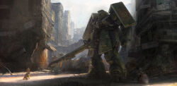 Rule 34 | absurdres, allenwei, building, cannon, cityscape, commentary, damaged, dirty, dust, english commentary, gundam, highres, machinery, mecha, mobile suit, mobile suit gundam, original, realistic, redesign, robot, roundel, ruins, science fiction, shield, wreckage, zaku