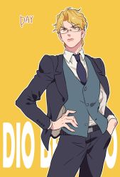 Rule 34 | 1boy, belt, black jacket, black pants, blonde hair, blue necktie, blue vest, buttons, character name, closed mouth, commentary, dio brando, english commentary, glasses, hand in pocket, hand on own hip, highres, honlo, jacket, jojo no kimyou na bouken, long sleeves, looking to the side, male focus, necktie, open clothes, open jacket, orange eyes, pants, phantom blood, shirt, short hair, solo, standing, vest, white shirt, yellow background