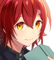 Rule 34 | 1boy, book, closed mouth, commentary, hair between eyes, hair ornament, hanasaki miyabi, holding, holding book, holostars, looking at viewer, male focus, nyokkiiiiin, portrait, red hair, simple background, smile, solo, symbol-only commentary, virtual youtuber, white background, yellow eyes