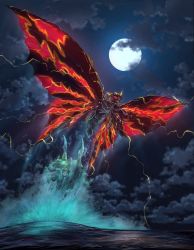 Rule 34 | age progression, aura, baby, battra, bug, butterfly, caterpillar, cloud, crest, dual persona, electricity, energy, flying, full moon, glowing, glowing eyes, glowing horns, glowing wings, godzilla (series), godzilla vs. mothra, highres, horns, insect, kaijuu, moon, moth, night, ocean, peroringa, pincers, red eyes, splashing, swimming, toho, transformation, wings