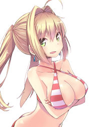 Rule 34 | 1girl, ahoge, bikini, breasts, butt crack, earrings, fate/grand order, fate (series), green eyes, hair intakes, halterneck, highres, jewelry, large breasts, long hair, looking at viewer, nero claudius (fate), nero claudius (fate) (all), nero claudius (swimsuit caster) (fate), simple background, smile, solo, striped bikini, striped clothes, swimsuit, ueshita, upper body, white background